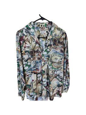 Barry Bricken Mens Shirt Poker Print Long Sleeve Button Up Medium Gambler Vegas